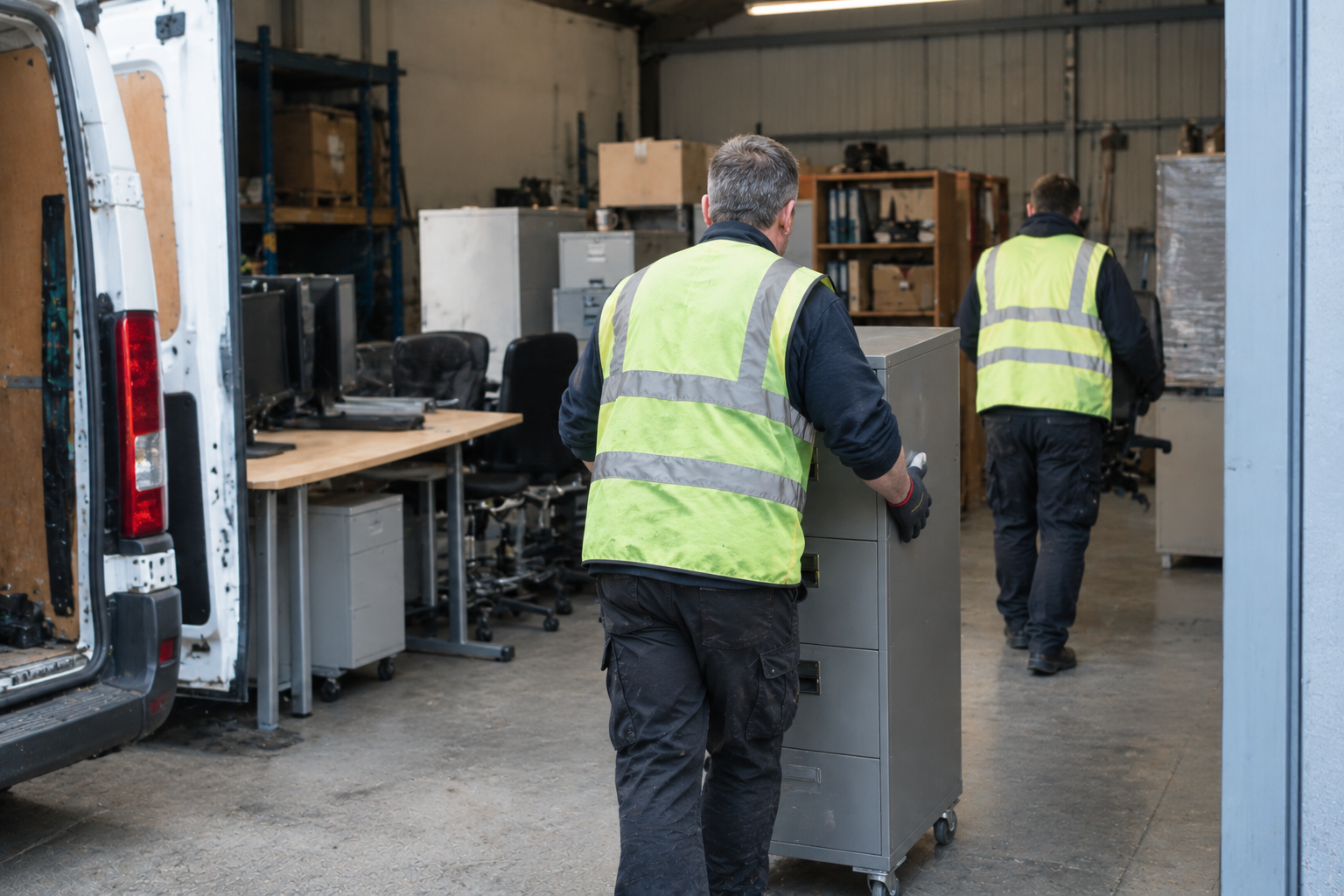 Clearance team wheeling a filing cabinet out of a warehouse unit during a commercial clearance
